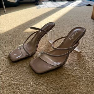 Elegant Tan Strappy Heels with Clear Accents